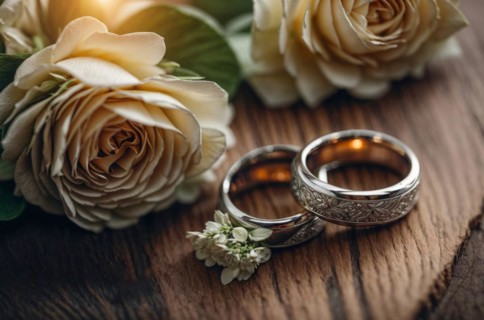 Diamond wedding rings jewelry and flowers bouquet for the wedding engagement and honeymoon, AI