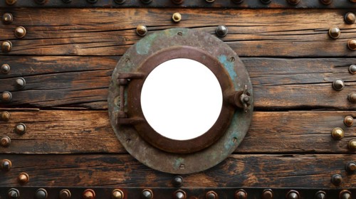 Vintage aged brass ship porthole mounted on a wooden hull with a white background. generative AI,