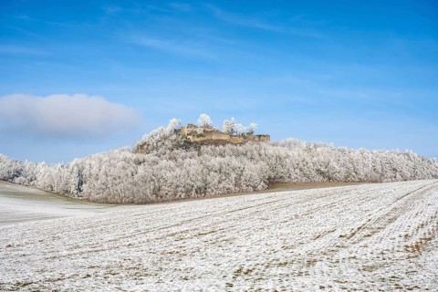 The Mägdeberg with castle ruins in winter, with hoarfrost, District of Constance,
