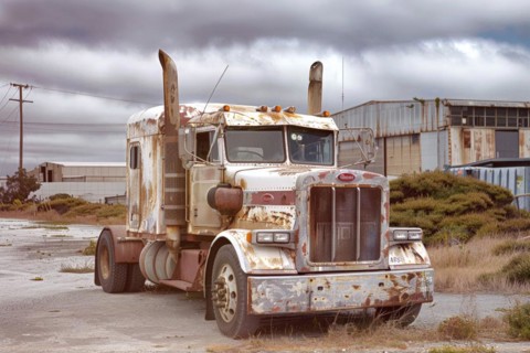 An old, weathered US-American truck, wreck, stands on an industrial site, symbolic image for