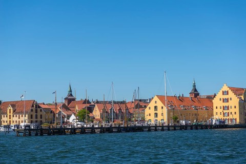 Maritime Svendborg, cityscape, marina, pier, church towers, historic buildings at the museum