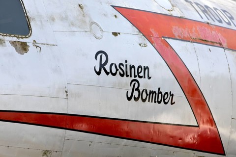Inscription Raisin Bomber on a Douglas DC-4 C-54 aircraft at the Airlift Memorial, Frankfurt am
