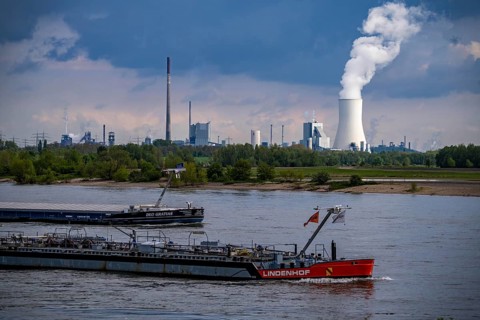 View across the Rhine to the STEAG coal-fired power plant Walsum, Block 10, cooling tower, parts of