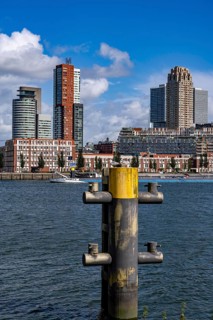 Harbour basin of the Maashaven, inland waterway port, jetties, residential buildings in the Kop van