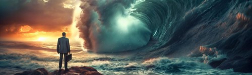 Banner of disheartened businessman standing on the shore in the midst of approaching turbulent