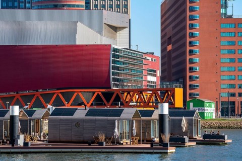 Holiday homes Wikkelboat, at Floating Rotterdam Rijnhaven, floating wooden houses, for rent, at Kop