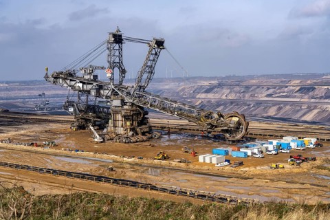 Garzweiler opencast lignite mine, bucket wheel excavator undergoing maintenance and repair, near