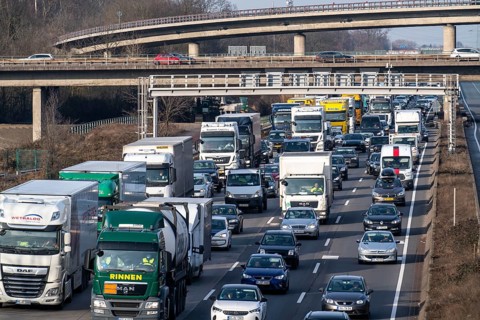 Traffic jam on the A3 motorway, at the Köln-Ost junction, heading south, four lanes jammed with