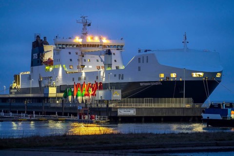 Britannia Seaways, RoRo cargo ship, operated by DFDS Seaways shipping company, at the pier next to