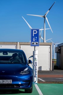 Electric car fast charging station, from the Dutch provider PowerGo, in the ferry harbour of