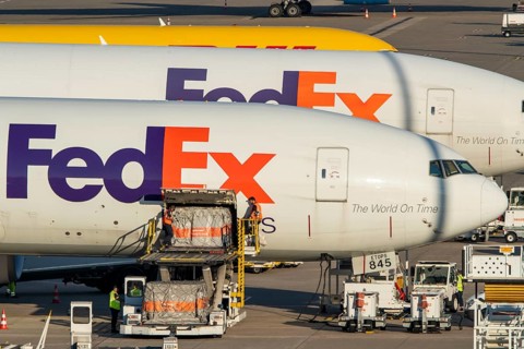 Cologne-Bonn Airport, CGN, FedEx cargo planes standing in front of the air cargo centre, being