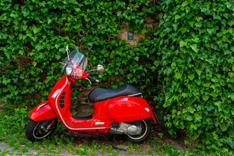 Red Vespa scooter parked in front of a green ivy wall