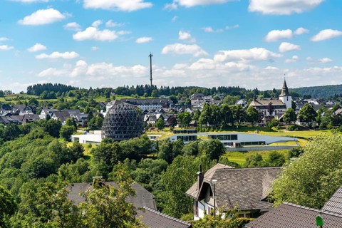 View over Winterberg, Oversum Hotel, spa centre, in the Hochsauerland district, North