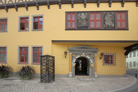 Entrance to the historic restaurant Haus zum Sonneborn, portal, murals, decorations, registry