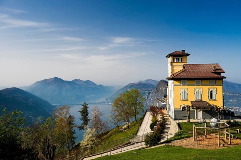 Restaurant, Monte Brè, spring, Lugano, Lake Lugano, Lago di Lugano, Ticino, Switzerland, Europe