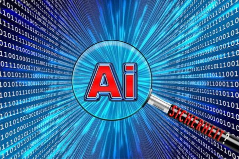 Illustration of a digital tunnel with the word 'security' pointing at a magnifying glass with 'AI',