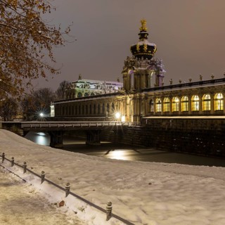 Old Town in the snow, Long Gallery and Crown Gate of the Zwinger at night, Dresden, Saxony,