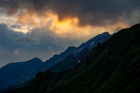 Summit in the morning light with dramatic clouds, Lech, Lechquellengebirge, Vorarlberg, Austria,