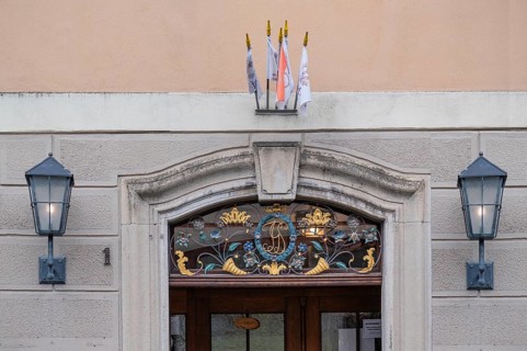 Entrance of the brewery pub Zum Wilden Mann, Dinkelsbühl, Bavaria, Germany, Europe