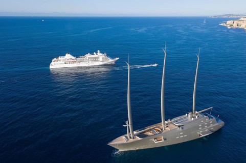 Aerial view 143 metre long three-master Sailing Yacht A, largest sailing yacht in the world, built