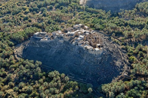 Abandoned settlement on a rock, aerial view, near Khaybar, Medina province, Saudi Arabia, Arabian