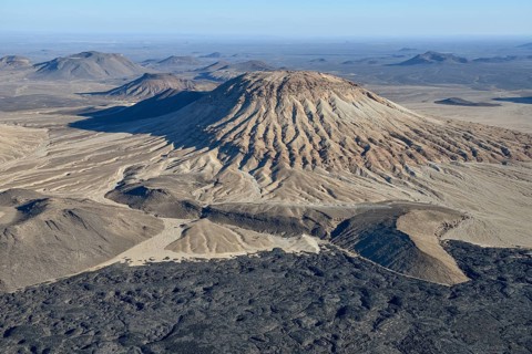 Harrat Khaybar volcanic landscape, aerial view, near Khaybar, Medina Province, Saudi Arabia,