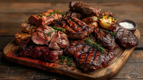 Plate with A stack of several grilled steaks. generative AI, AI generated