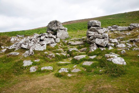 Entrance to the late Bronze age enclosed settlement site of Grimspound, Dartmoor national park,