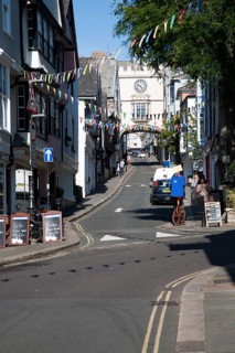 East Gate Tudor arch in the High Street at Totnes, Devon, England, UK