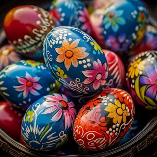 Easter celebration, featuring close up of a collection of brightly colored eggs, each intricately