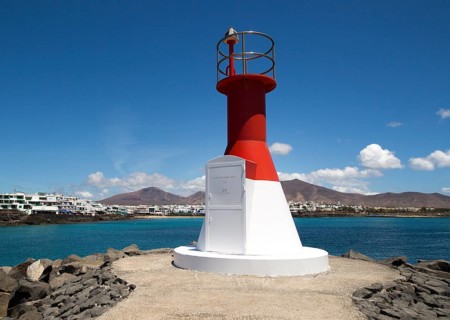 Modern navigation light in the port at Playa Blanca, Lanzarote, Canary Islands, Spain, Europe