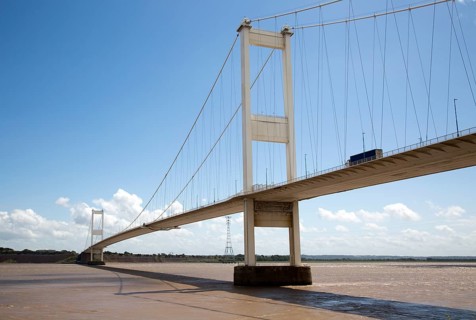 The old 1960s Severn bridge crossing between Beachley and Aust, Gloucestershire, England, UK
