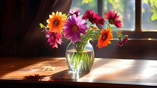 Transparent crystal glass vase with vibrant blooming flowers, AI generated