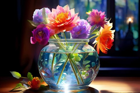 Transparent crystal glass vase with vibrant blooming flowers, AI generated