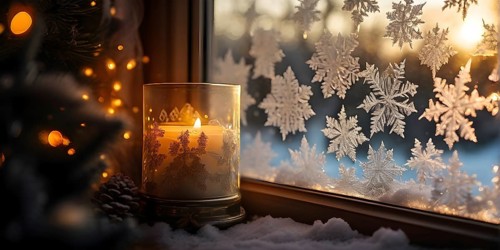 Snow-covered window with frost patterns, candlelight softly glowing through the glass, and warm,