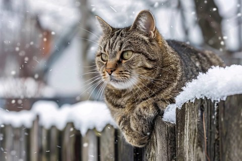 Cat sitting on snow covered fence in winter. Generative Ai, AI generated