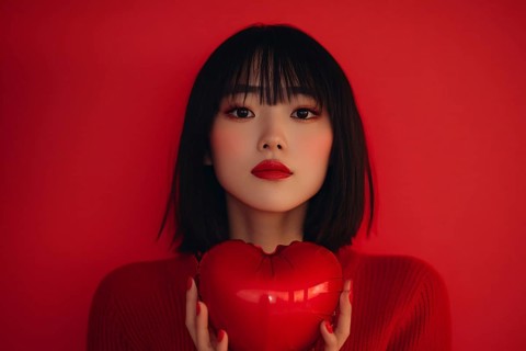 Asian woman holding small red heart shaped Valentine's Day balloon. Generative AI, AI generated
