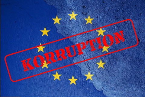 Symbolic image of corruption in Europe and in the European Parliament: stamp with the inscription