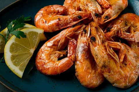 Fried with spices, King prawns, undivided, top view, selective focus, seafood, shrimp, no people