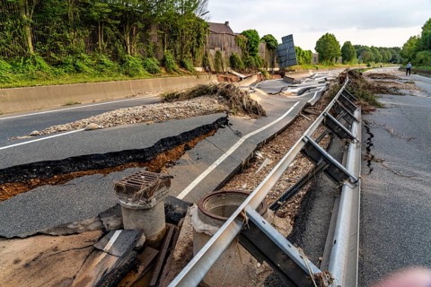 Flood on the Erft, here the federal road B265 destroyed by the water, Erftstadt, North