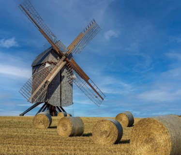 Historic trestle windmill with straw bales Neuenknick Petershagen Germany