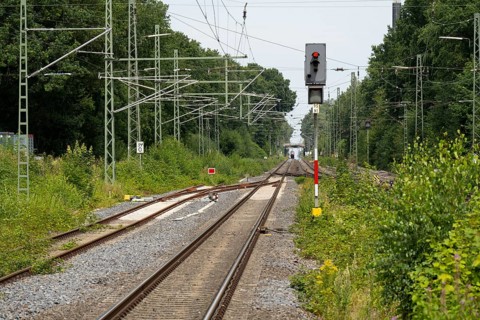 Signal, tracks and train, Dülmen, Münsterland, North Rhine-Westphalia, Germany, Europe