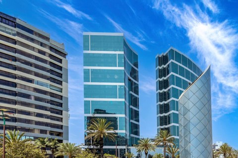 Lima, ocean view Miraflores Malecon promenade with shopping malls cafes and restaurants