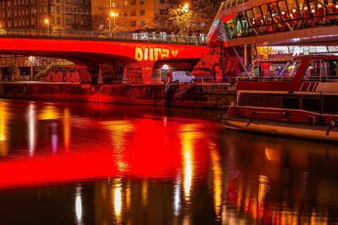 Illuminated Franz-Josefs Quay and Schwedenbrücke, on the Danube Canal, night shot, Vienna, Austria,