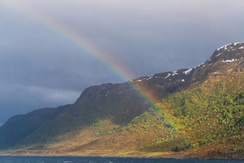 Rainbow over Fjord and Mountains, ALESUND, Geirangerfjord, Norway, Europe