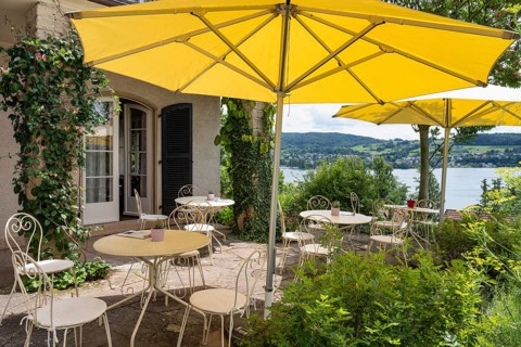 Garden terrace with café at the museum, Haus Dix art museum, former home and studio of the 20th