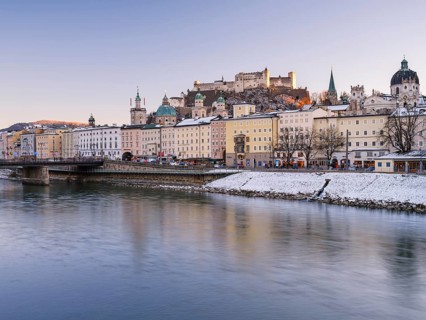 Winter Salzburg in the last light, Old Town, Cathedral, Fortress Hohen Salzburg, Salzach, Salzburg,