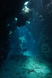A lone diver in a dark underwater cave with rays of light, dive site Dangerous Reef, St Johns Reef,