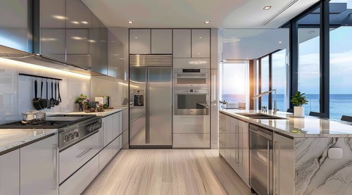 Modern kitchen with a stainless steel refrigerator and oven. Home renovation and upgrades, AI