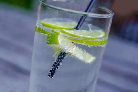 Glass with mineral water, lemon slices and straw